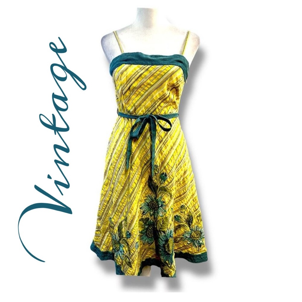 PURA VIDA Vintage Yellow & Blue Sunflower Embellished Slip Full Skirt Dress SZ 4
